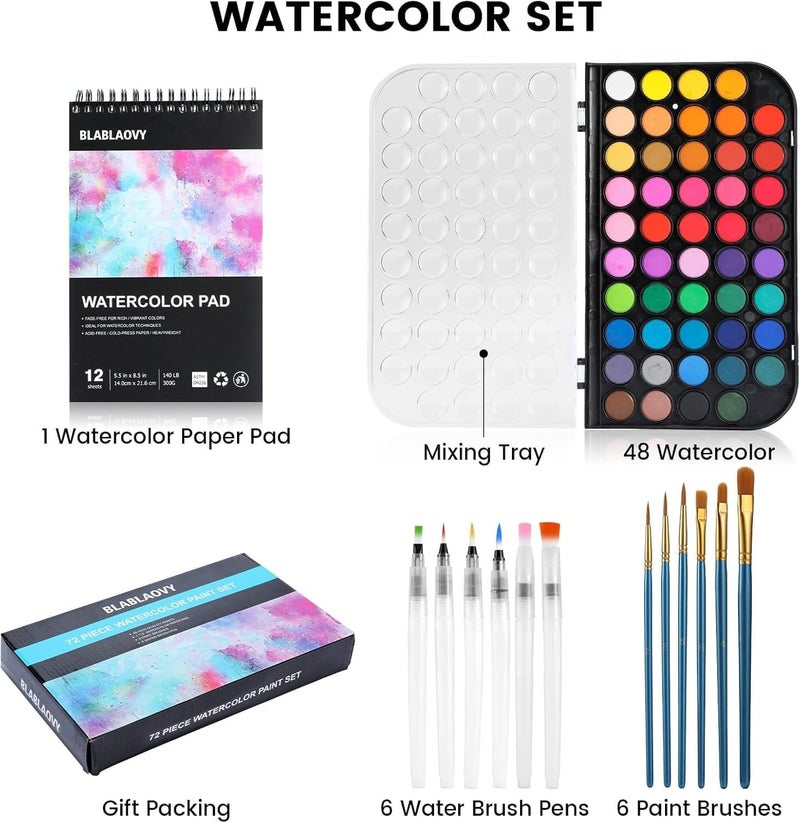 Blablaovy Watercolor Paint, 48 Colors Washable Paint Set, 6 Brush, 6 Refillable Water Brush Pen, Drawing Pad, Palette, Painting sets for Artists Beginners Adult, Water Color Paint Sets for Kids - Image 2